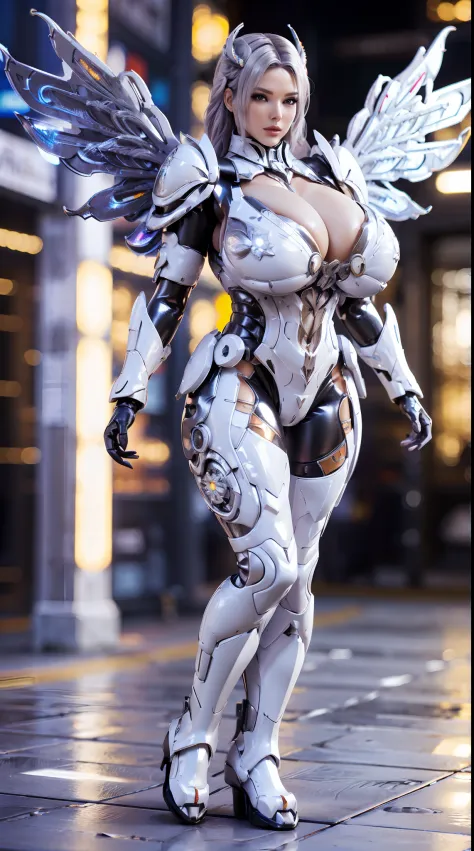 HUGE BOOBS, (WHITE, BLACK, SILVER), MECHA DRAGON ARMOR, FUTURISTIC LATEX SUIT, (CLEAVAGE), (A PAIR LARGEST PEACOCK WINGS), (TALL LEGS), (STANDING), SEXY BODY, MUSCLE ABS, UHD, 8K, 1080P.
