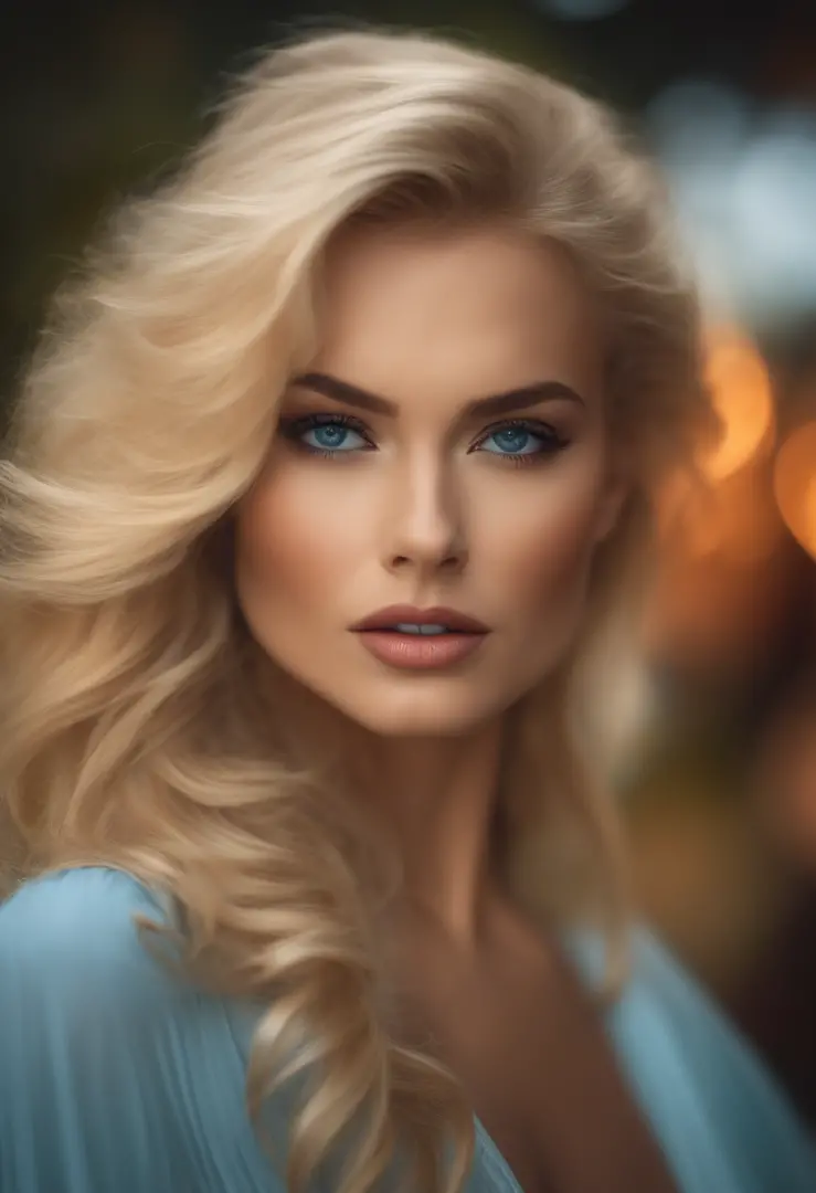 A close up of a woman with long blonde hair and blue eyes - SeaArt AI