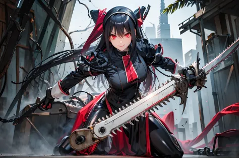 Fighting nuns。Chainsaw in hand。Yandere Face。a smile。red eyes。sharp claws。