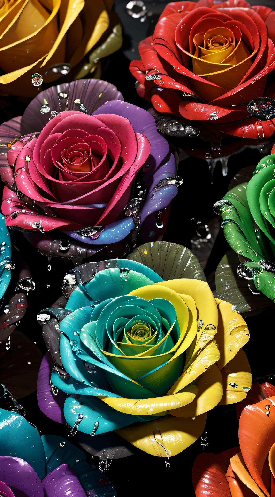 Brightly colored roses are arranged in a circle with water 