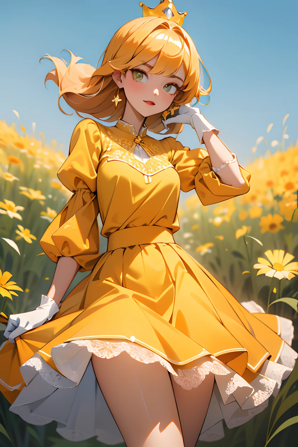 masterpiece,best quality, 1girl, cowboy shot, yellow top with puffed sleeves and an orange skirt, white gloves, yellow shoes, and a crown with orange detailing, bangs, grass, in a field,