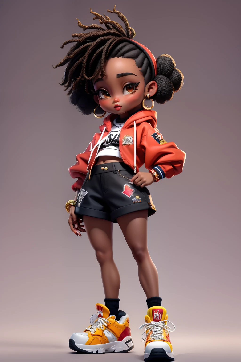 Super style hip hop girl dançarina african south 30 years, ((Super feliz)), pele marrom, Empathetic face, beautiful red lips, Nice Chibi, super estiloso, dedos perfeitos, roupa minimalista Cores da roupa: vermelho, branco e preto, "Hip Hop", ("Olhe por cima do ombro" Posar), roupa estilosa, usando uma toca estilosa gangstar, fundo minimalista, Camera vista de frente,