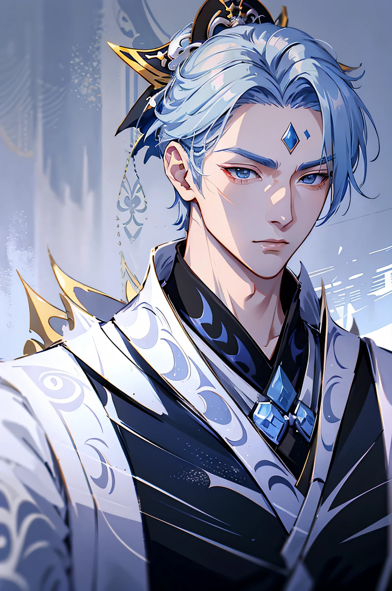 Anime - image de style d&#39;un homme aux cheveux noirs et à la tenue blanche et bleue, Keqing de Genshin Impact, beau mec dans l&#39;art du tueur de démons, Romain Taisho, beau prince androgyne, Zhongli de Genshin Impact, divinité aux cheveux blancs, anime bel homme, délicat prince androgyne, Masamune Shiro, heise jinyao, Art officiel