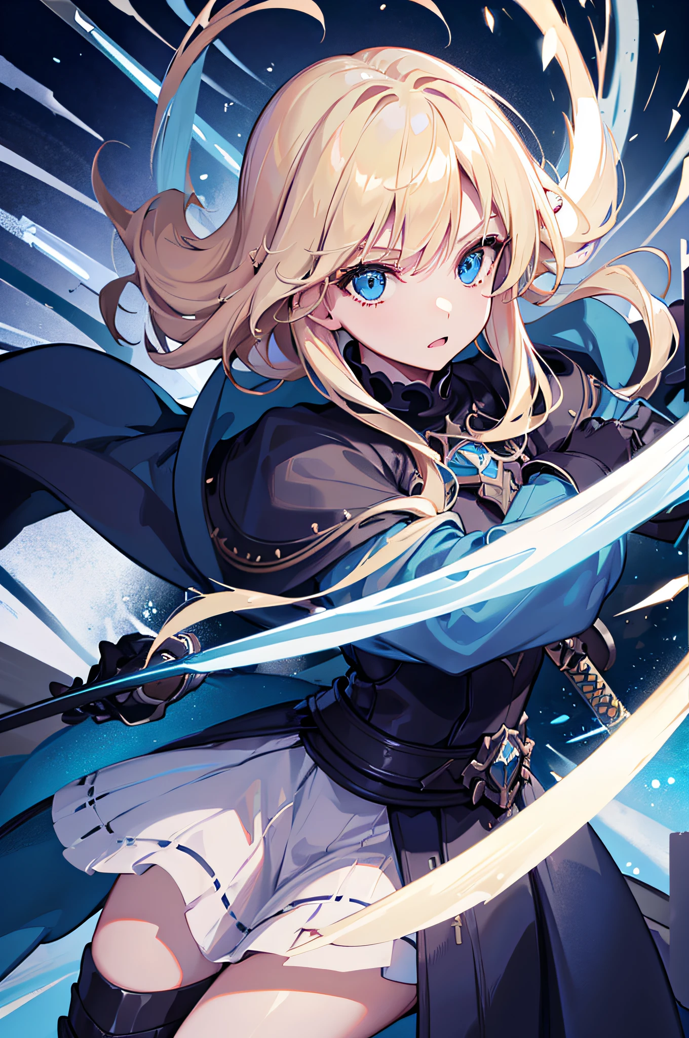 4K,hight resolution,One Woman,a blond,Light blue eyes,swordsmen,Dark blue dress,Dark blue heavy armor,The sword