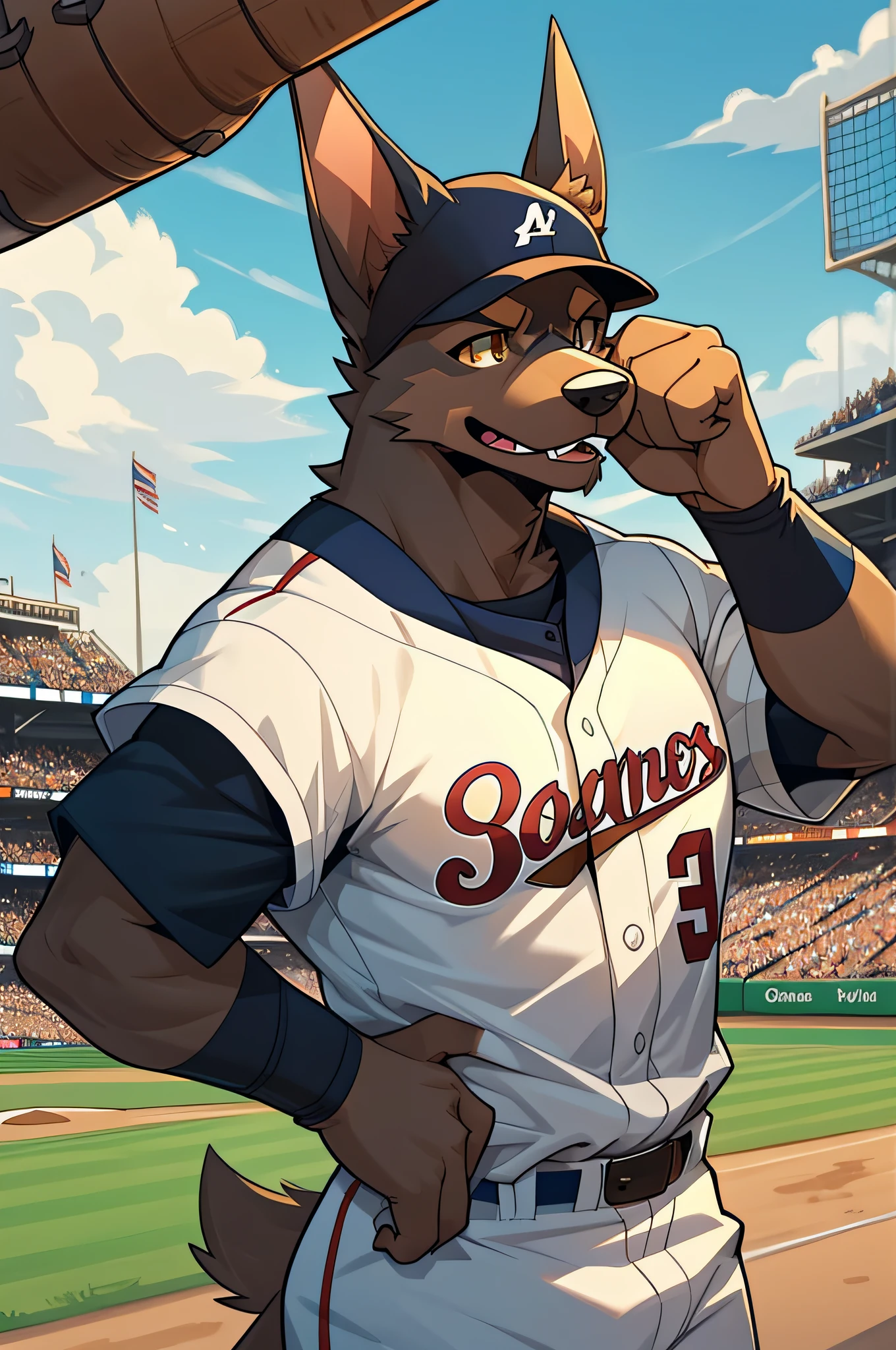 C4tt4stic, Cartoon Doberman dog of baseball player hitting in baseball uniform（The specifics of the appearance of Doberman dogs）