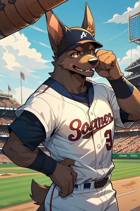 C4tt4stic, Cartoon Doberman dog of baseball player hitting in baseball uniform（The specifics of the appearance of Doberman dogs）