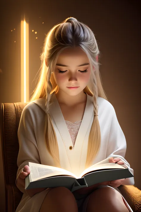 highly detailed portrait of a beautiful girl, sitting on a comfy chair, opening a book with a gleaming light shining from within...