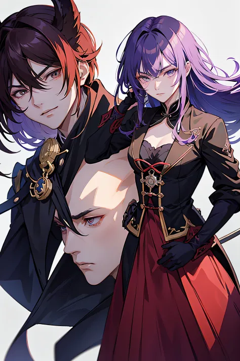 Anime - Bild eines Mannes mit langen schwarzen Haaren und schwarz-roten Outfit, violette Augenfarbe, Keqing von Genshin Impact, ...