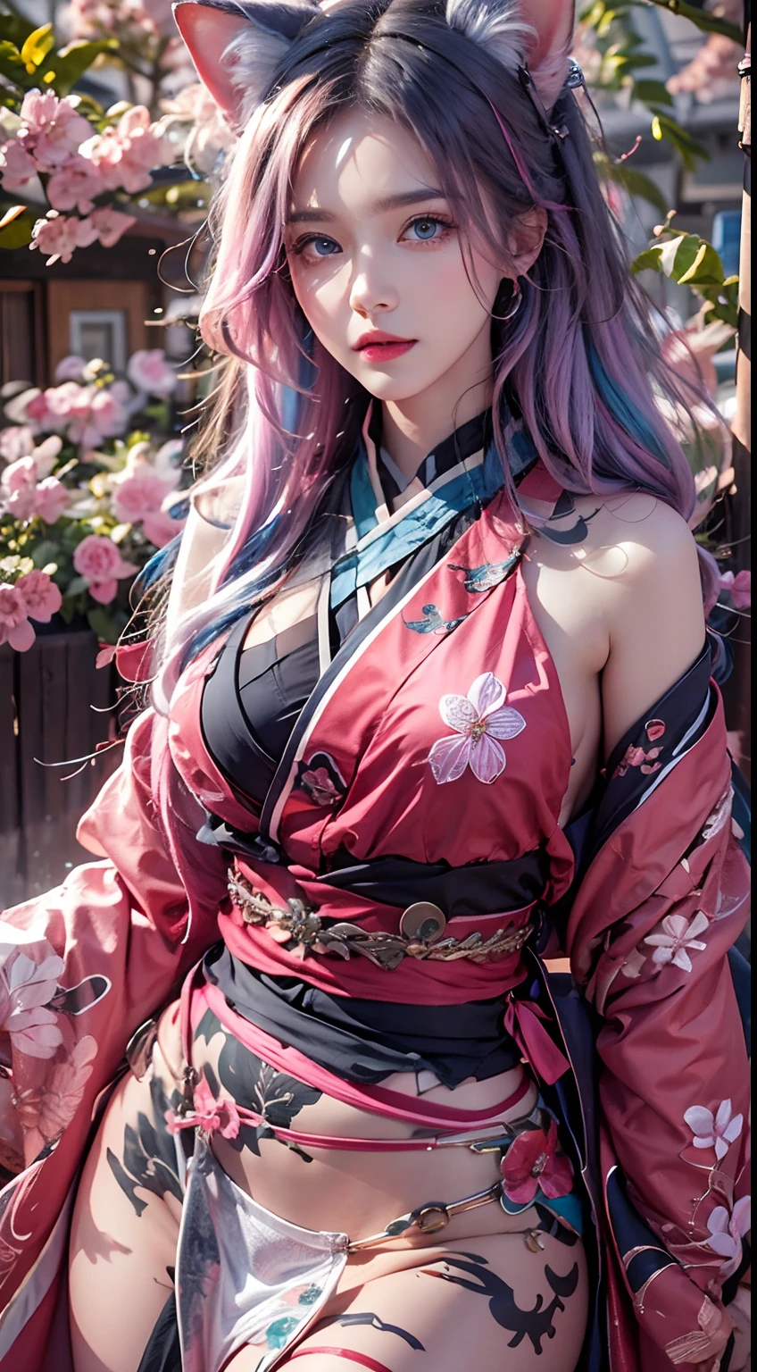 fotorealistisch, hohe Auflösung, sanftes Licht, 1Frauen, Allein, Hüften hoch, blaue Augen, pinkes Haar, lange Haare, rosa Katzenohren, violette Augen, rotes Hanfu, Hüften hoch, Schmuck, Tätowieren, Kirschblüte