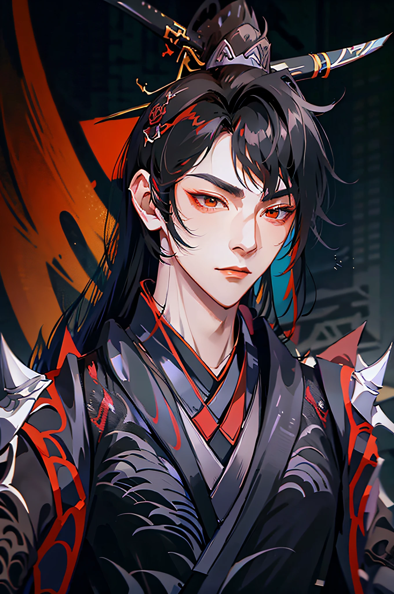 Anime - style image of a man with black hair and black and red outfit, red eyes, Keqing von Genshin Impact, Handsome guy in demon slayer art, Taisho Roman, handsome androgynous prince, Zhongli von Genshin Impact, black haired deity, anime gutaussehender mann, zarter androgyner Prinz, Masamune Shiro, heise jinyao, Offizielle Kunst