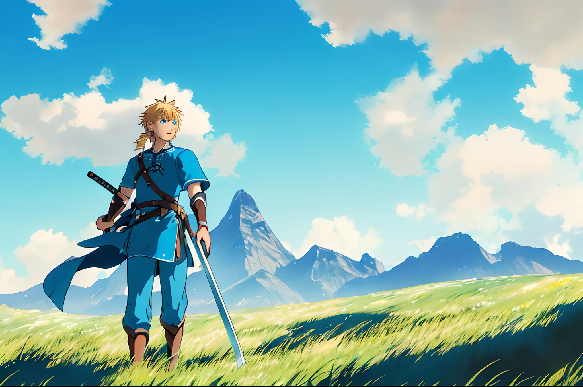 (beautiful and magnificent skyline, majestic sky), (extremely tense and dramatic pictures, moving visual effects), (high hanging Polaris, colorful natural light), (1elfman), (blue tunic, tan pants, carrying a sword), (dynamic pose:1.3, blue eyes, blond short hair with little ponytail)[:0.8], (large grassland), (oncoming breeze), (blond hair and background Coordination effect: 1.2), (close shot, long shot mix and match)[::0.9]