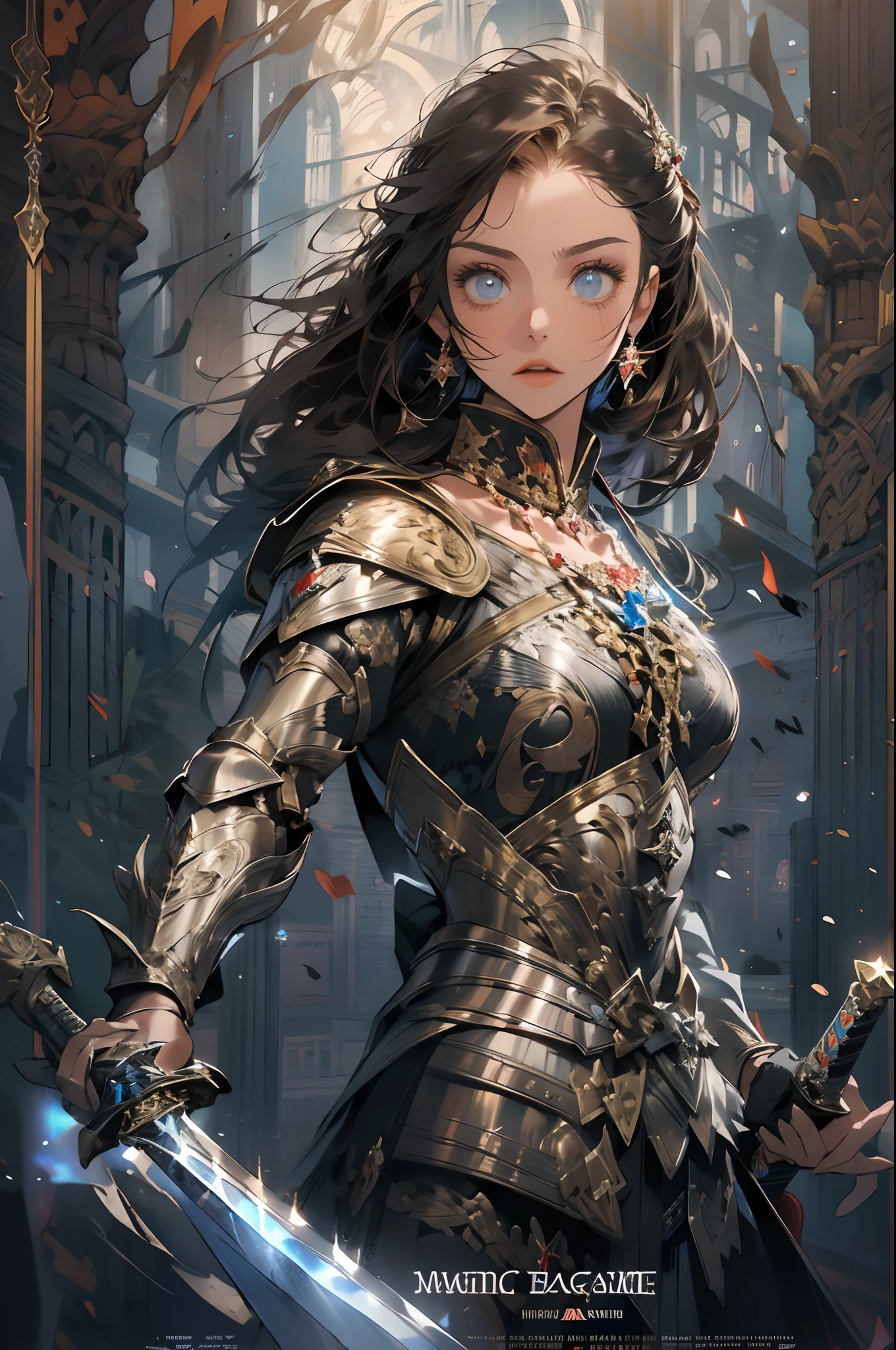 fantasy, epic, movie poster-style illustration, a girl standing in armor, wielding a sword, with a dynamic and magical background, featuring prominent and well-designed typography elements,standing, confident, determined, wielding a sword, epic title, magical forest, glowing runes, bold text