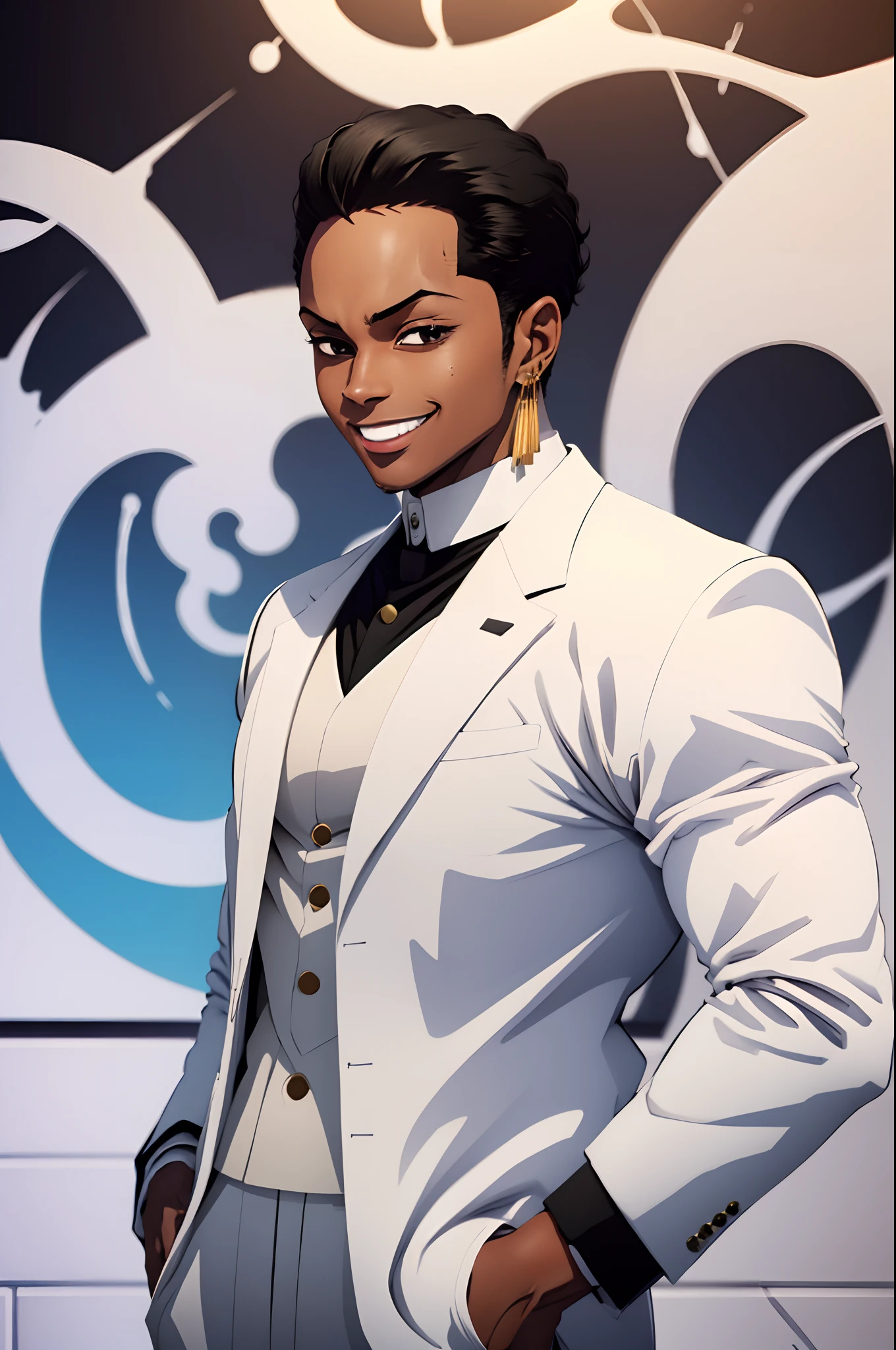 joven negro, traje blanco, sonrisa, peinado zoro, pelo negro, hermoso, Pose elegante, espectáculo,  elegant