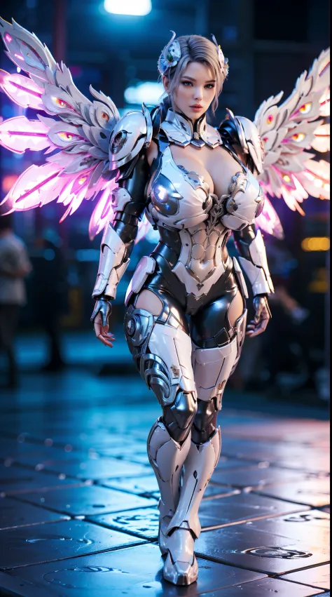 HUGE BOOBS, (WHITE, BLACK, SILVER), MECHA DRAGON ARMOR, FUTURISTIC LATEX SUIT, (CLEAVAGE), ((A PAIR LARGEST PEACOCK WINGS)), (TALL LEGS), (STANDING), SEXY BODY, MUSCLE ABS, UHD, 8K, 1080P.