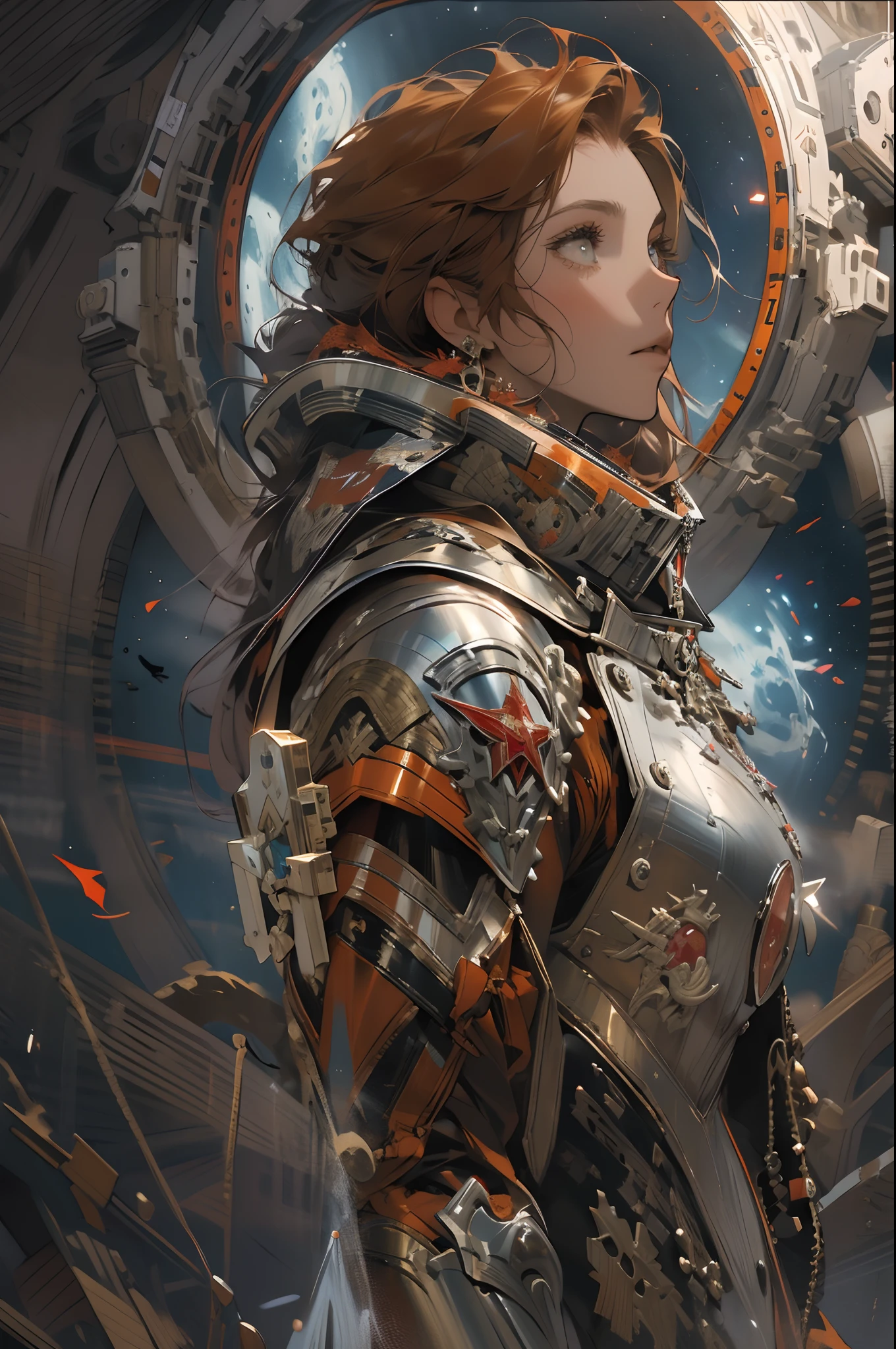 Digital portrait of a Marine woman in space, pronounced feminine features, Silver alloy metal and red heavy space armor, in the desert, Detailed, Cinematic composition, Power space armor, Intricate details, eerie, Highly detailed, 8K, art by artgerm and greg rutkowski and alphonse mucha, Blurry, reflective metallic, 4K, 8K