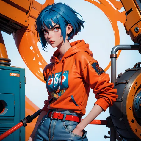 blue hair girl, (1 girl), (solo), (high quality), slim body, orange hoodie, short hair, serious face, big red eyes, skirt jeans,...