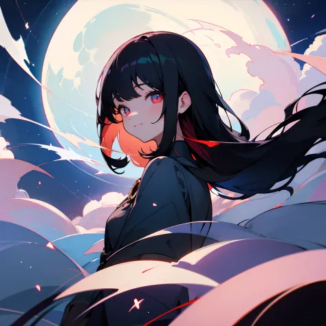 Beautiful illustration、top-quality、girl with、Black hair、shorth hair、A slight smil、(((Delicat eyes)))、red eyes、a moon、Beautiful night sky with stars
