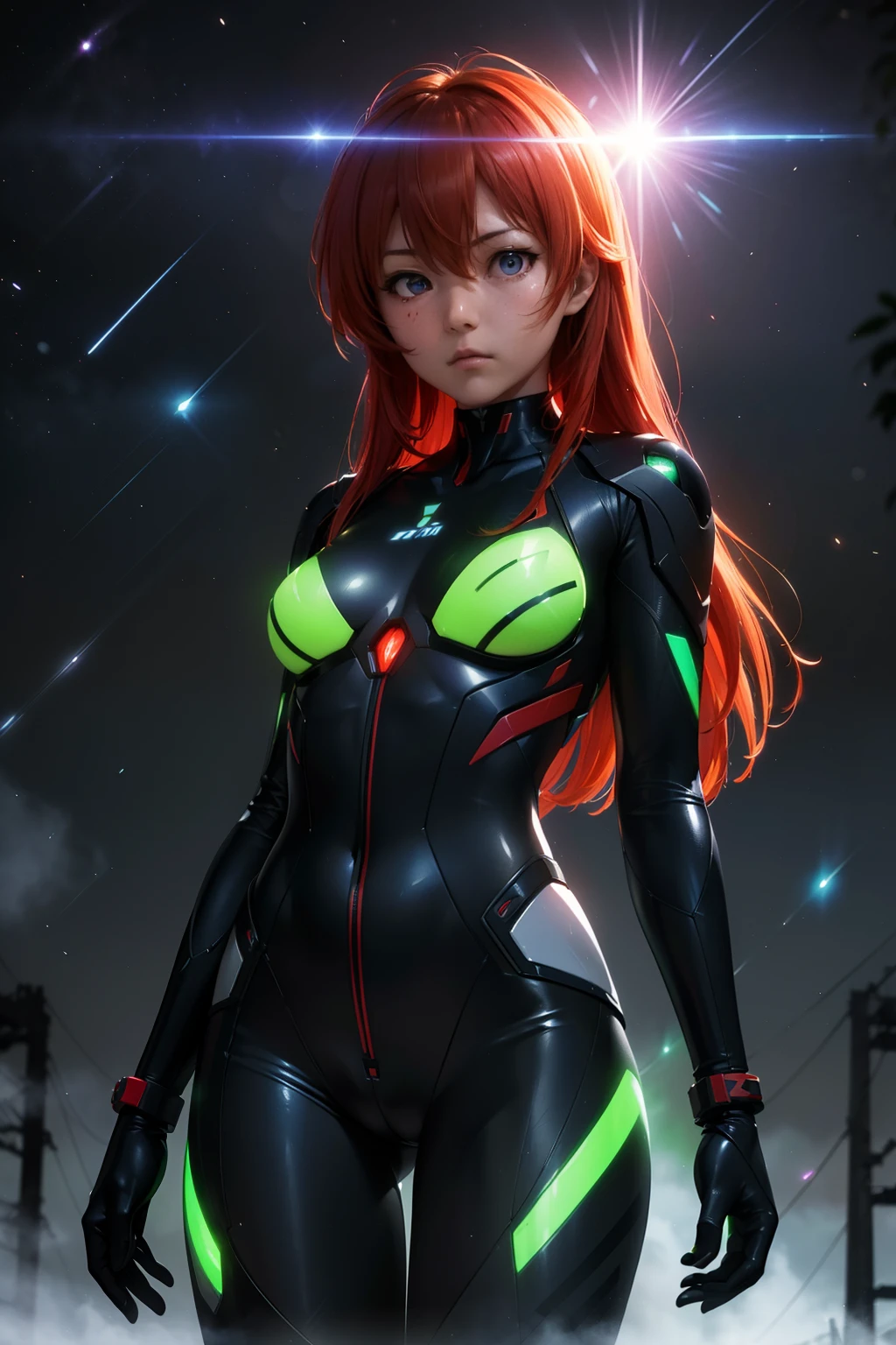 Asuka-Evangelion (((From face to the waist view::1. 4))), realistic skin texture, front view::1.0, in complex & hyper detailed sci-fi plugsuit (((wild glow effect))), panning photography::1, midnight hour illuminationr, (masterpiece), best quality, perfect pretty face, 8k