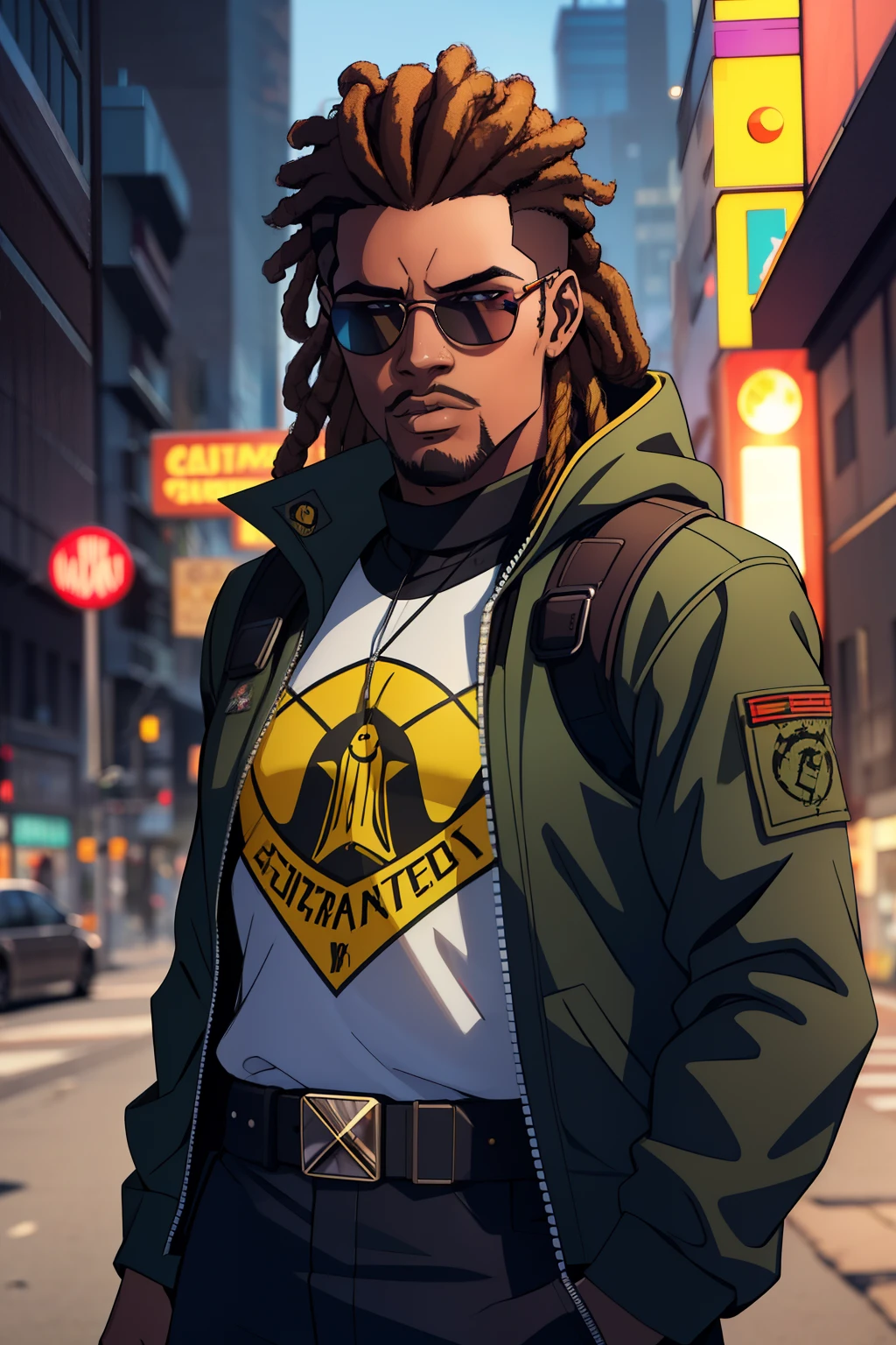 super high res, best quality, photo, 16k, (photorealistic: 1.2), cinematic lighting, 23 year old African American man who wears army camouflage clothing and is part of a team called the Crows, In addition he wears mirrored sunglasses and also has dreads in his hair (Cyberpunk 2020)