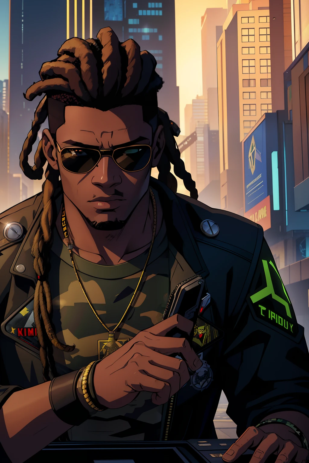 super high res, best quality, photo, 16k, (photorealistic: 1.2), cinematic lighting, 23 year old African American man who wears army camouflage clothing and is part of a team called the Crows, In addition he wears mirrored sunglasses and also has dreads in his hair (Cyberpunk 2020)