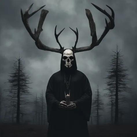 (a person wearing a black hooded robe and a satanic deer skull,a wax candle),(best quality,highres,gloomy,horror,satanic,dark color scheme),dimly lit background,gloomy atmosphere,flickering candle light,creepy vibes,detailed robe texture,dark and mysteriou...