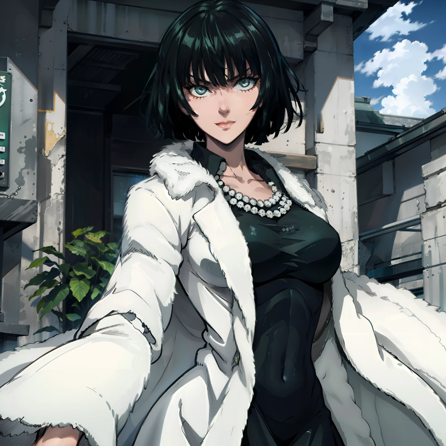 female with green fringe style bob haircut, wearing white fur lined robe, wearing v-neck black dress with high collar, wearing pearl necklaces, dominant pose, seductive smile, alone, solo, alone, (SOLO)(ALONE)