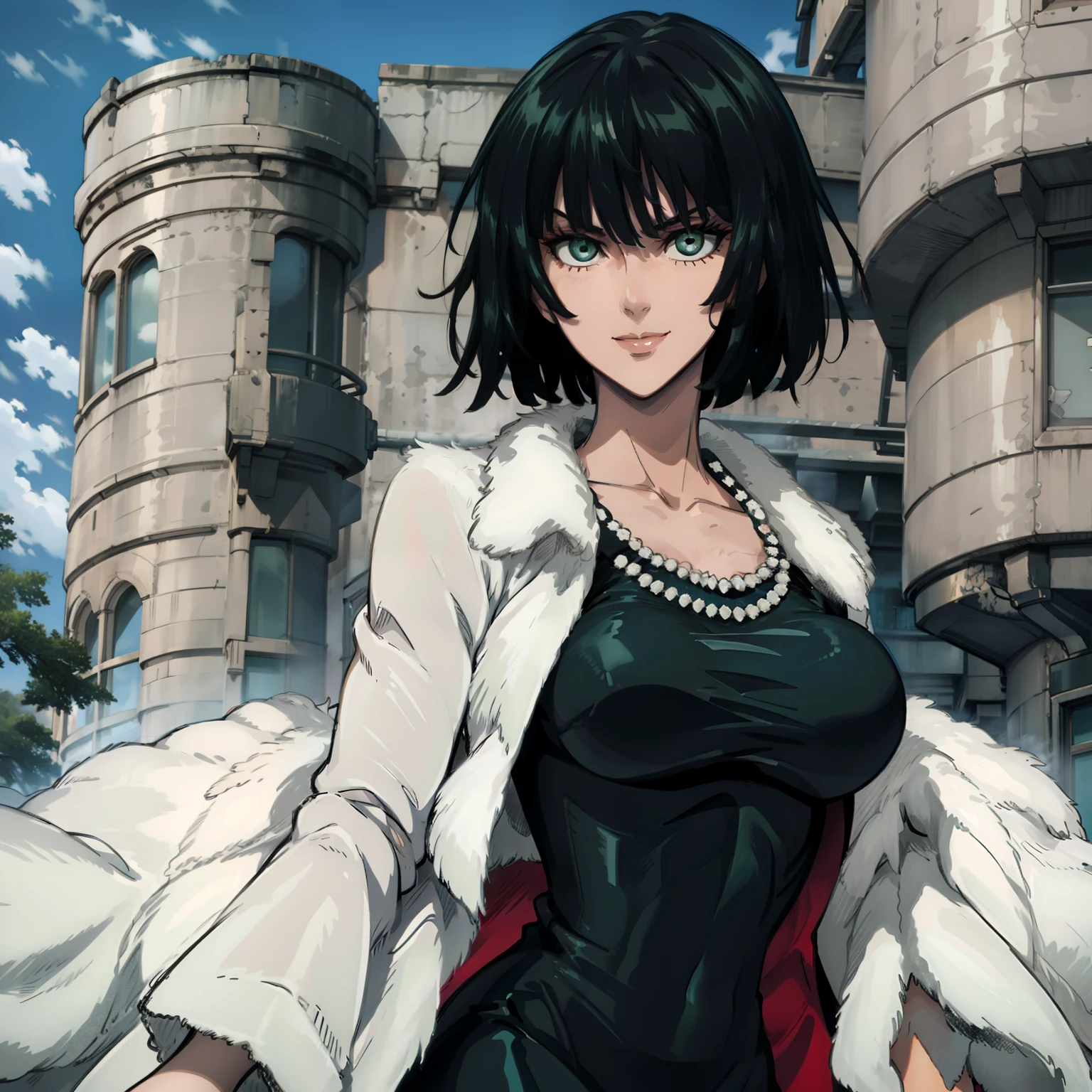 female with green fringe style bob haircut, wearing white fur lined robe, wearing v-neck black dress with high collar, wearing pearl necklaces, dominant pose, seductive smile, alone, solo, alone, (SOLO)(ALONE)