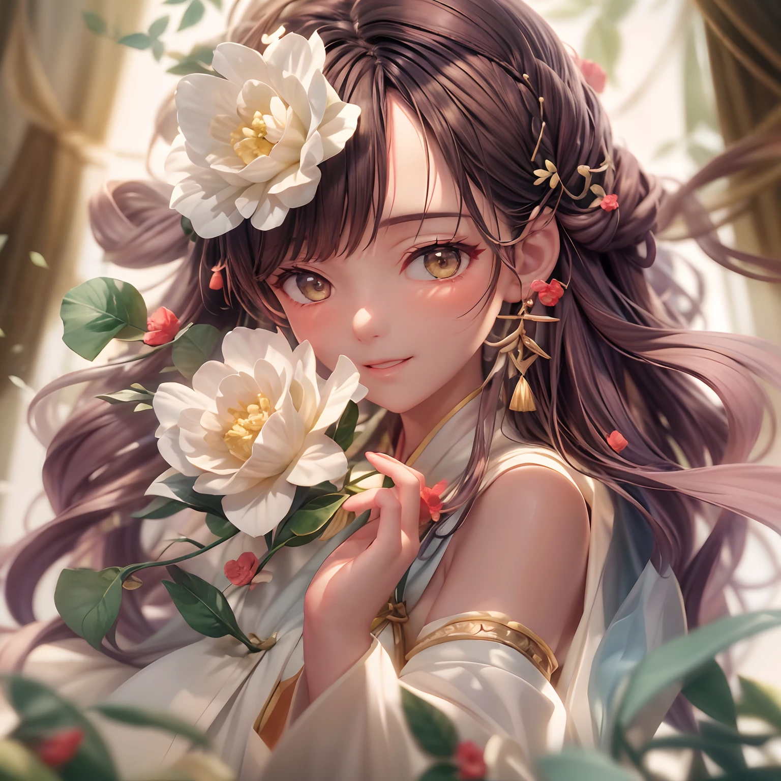 Movie Angle，（Cute girls，anatomy correct，full bodyesbian，Masterpiece camellia，Masterpiece Hanfu，ssmile），（illustratio，paper art，3Drenderingof），（plethora of colors，Best quality，high detal，tmasterpiece，Cinematic lighting effects，4K，Chiaroscuro）