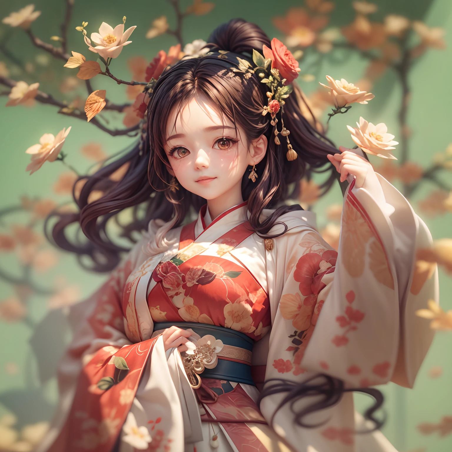 Movie Angle，（Cute girls，anatomy correct，full bodyesbian，Masterpiece camellia，Masterpiece Hanfu，ssmile），（illustratio，paper art，3Drenderingof），（plethora of colors，Best quality，high detal，tmasterpiece，Cinematic lighting effects，4K，Chiaroscuro）