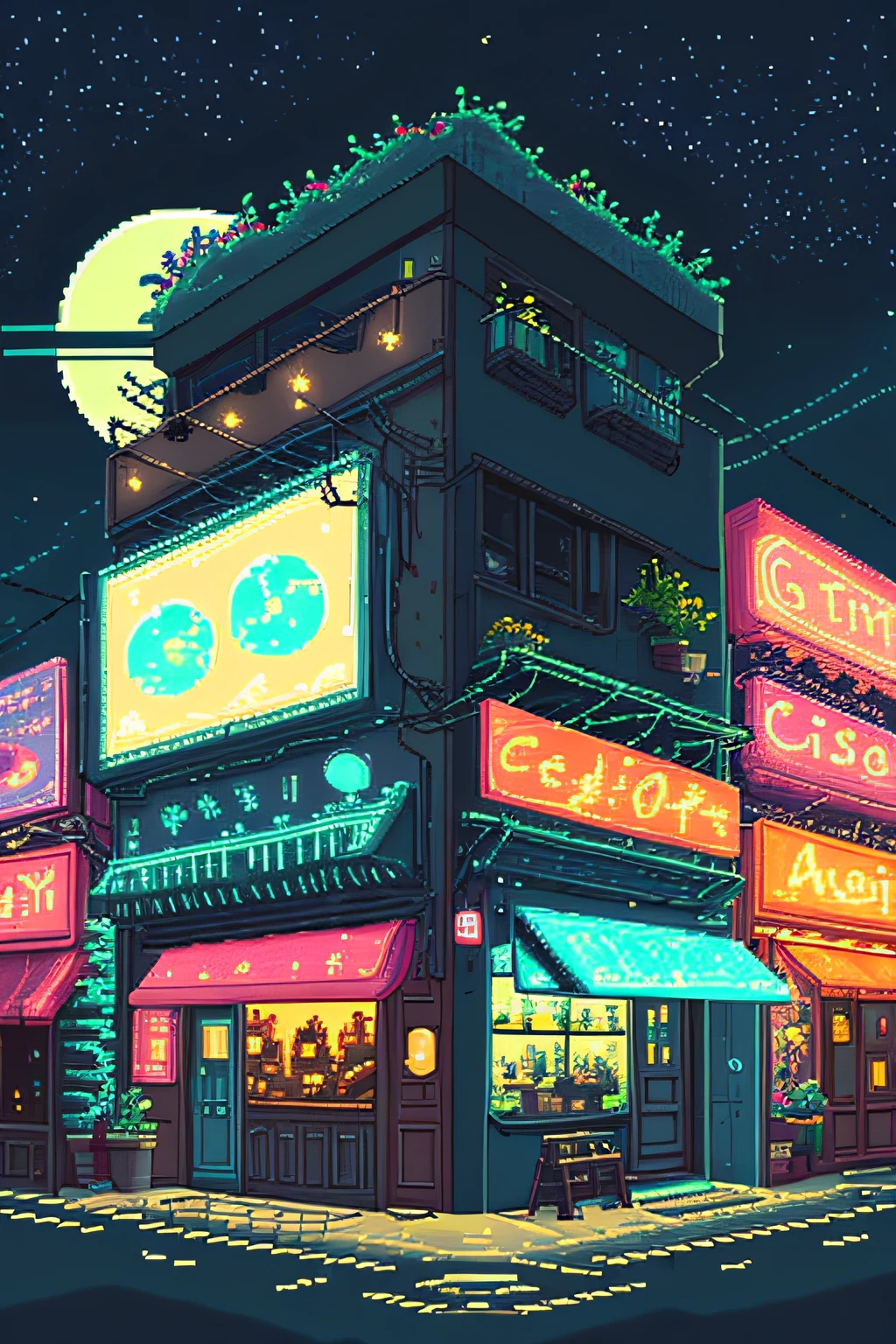 no humans, outdoors, sky, night, moon, plant, coffe shop, star (sky), night sky, scenery, city, sign, potted plant, wide shot, crescent moon, neon lights, pixel art, pixel