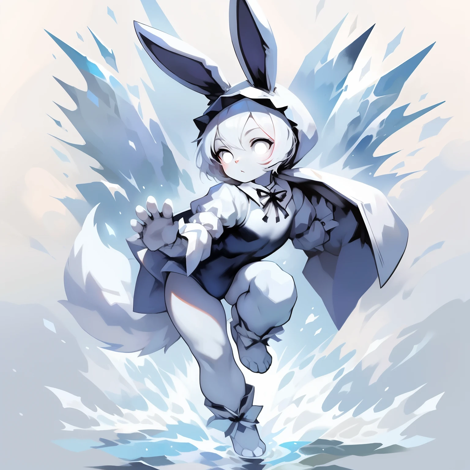 Best quality，Masterpiece，(Light blue skinny bunny costume)，bit girl，(White-haired fox ears，Light blue body，White legs，White feet，White eyes, White fox tail)，Snow background