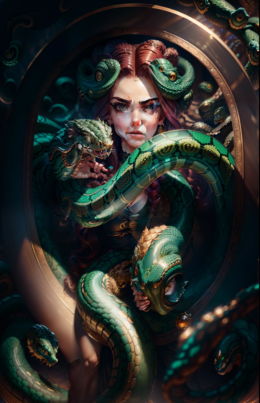 ((melhor qualidade)), ((obra de arte)), ((realista)), Medusa, corpo todo, o cabelo é composto por inúmeras pequenas cobras, olhos verdes, rosto feminino, topo esculpido em metal, aura real, tendência no Artstation , foco nitído, foto de estúdio, detalhe intrincado, Muito detalhado, Olho detalhado, ilustração, Muito detalhado, foco nitído, renderização digital, profissional, 4K