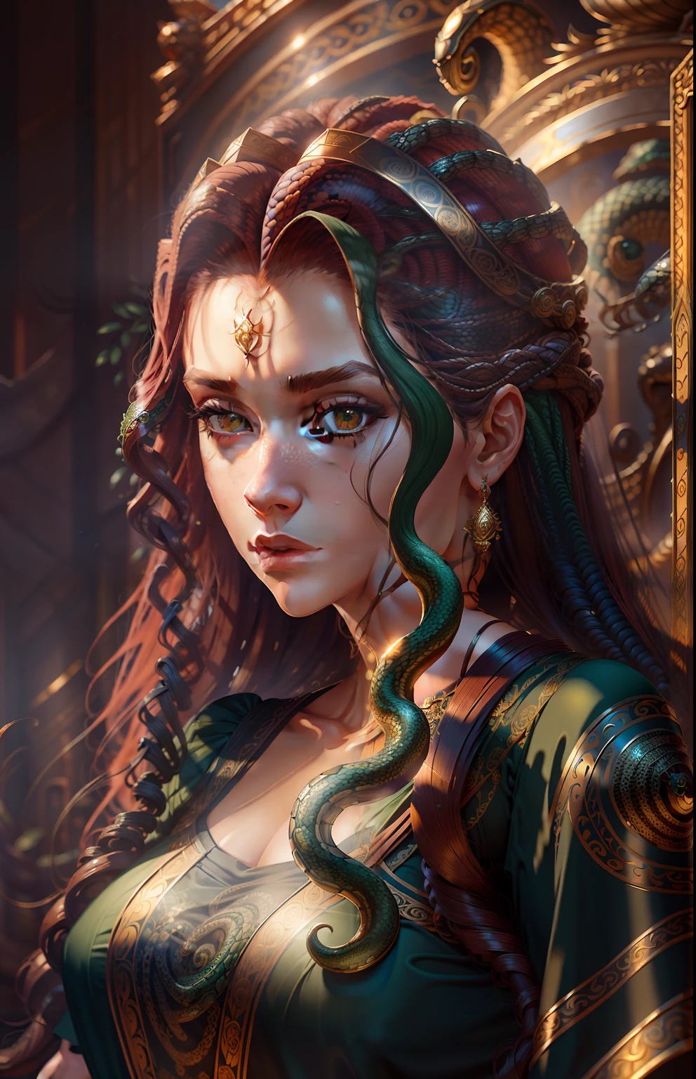 ((melhor qualidade)), ((obra de arte)), ((realista)), Medusa, corpo todo, o cabelo é composto por inúmeras pequenas cobras, olhos verdes, rosto feminino, topo esculpido em metal, aura real, tendência no Artstation , foco nitído, foto de estúdio, detalhe intrincado, Muito detalhado, Olho detalhado, ilustração, Muito detalhado, foco nitído, renderização digital, profissional, 4K