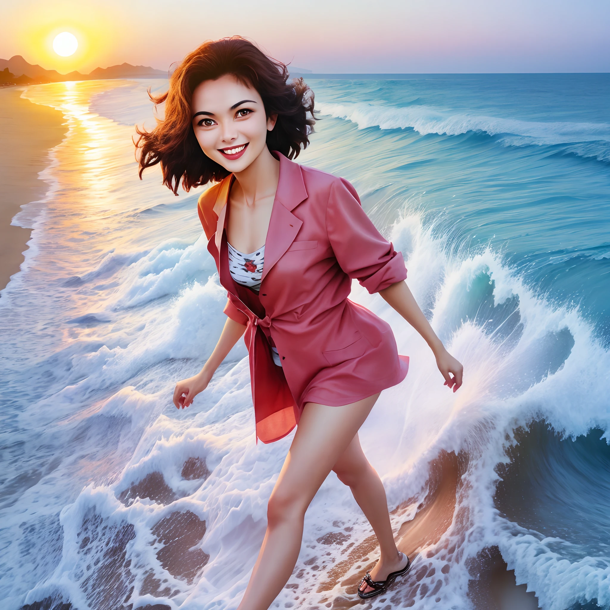 ภาพเหมือนจริงของผู้หญิงยิ้มเดินบนชายหาดตอนพระอาทิตย์ตก