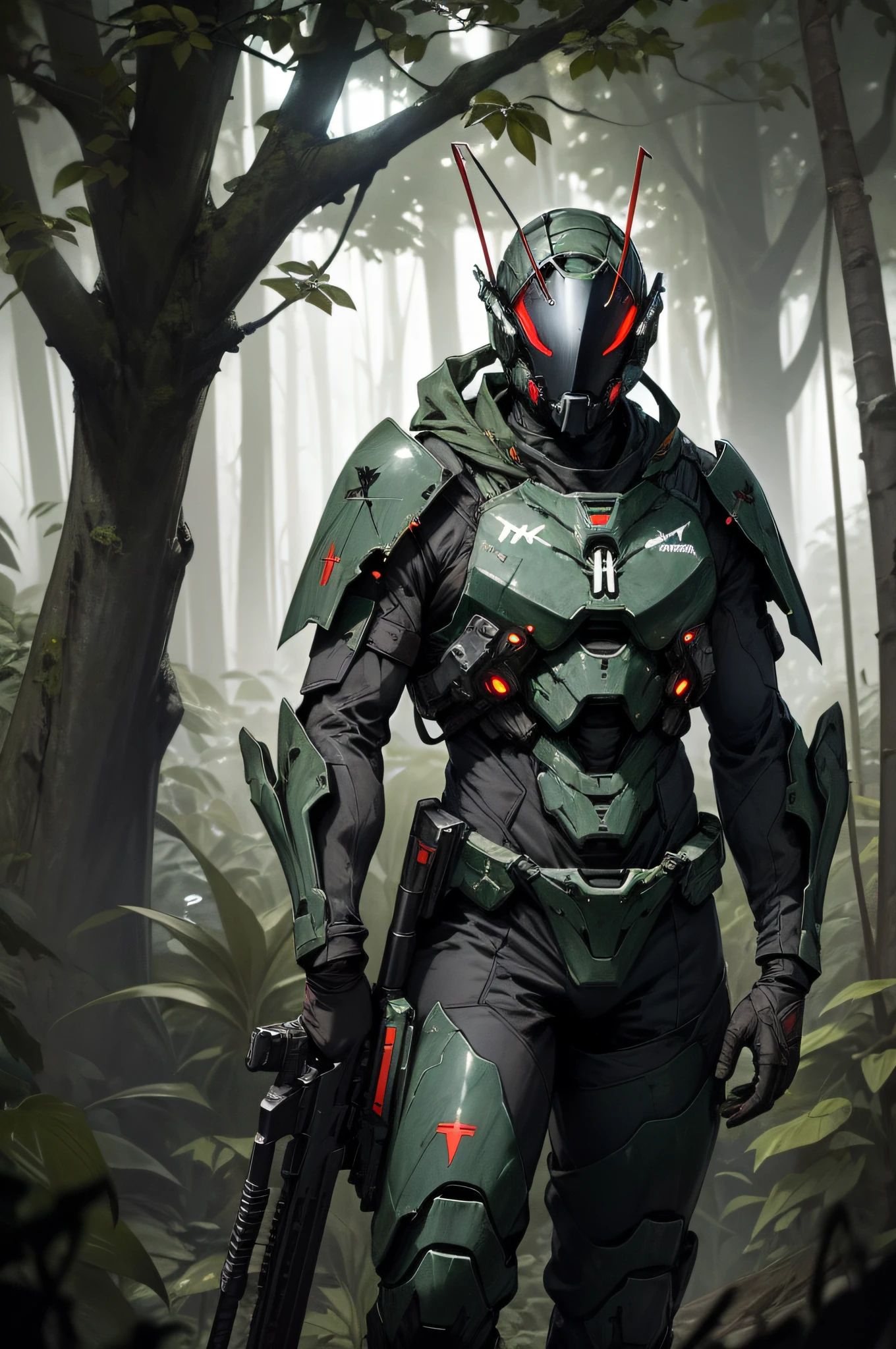 photo of , ((vindicare:1.2)), ((solo:1.3)), mask, red glowing visor, fully covered face, black bodysuit, weapon over shoulder, sniper rifle, standing on top of tree, standing by massive tree, lush jungle, dense jungle, rain forest, dark ambiance, night time,
