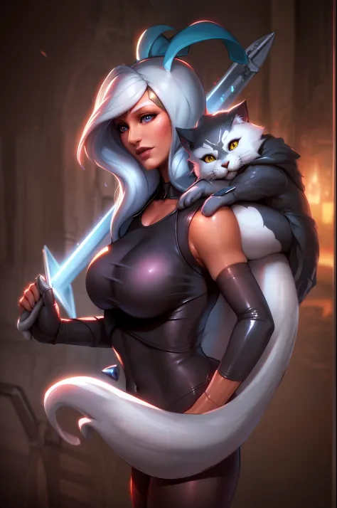 arafed image of a woman with a cat and a sword, artgerm and lois van baarle, artgerm greg rutkowski _ greg, furry fantasy art, s...