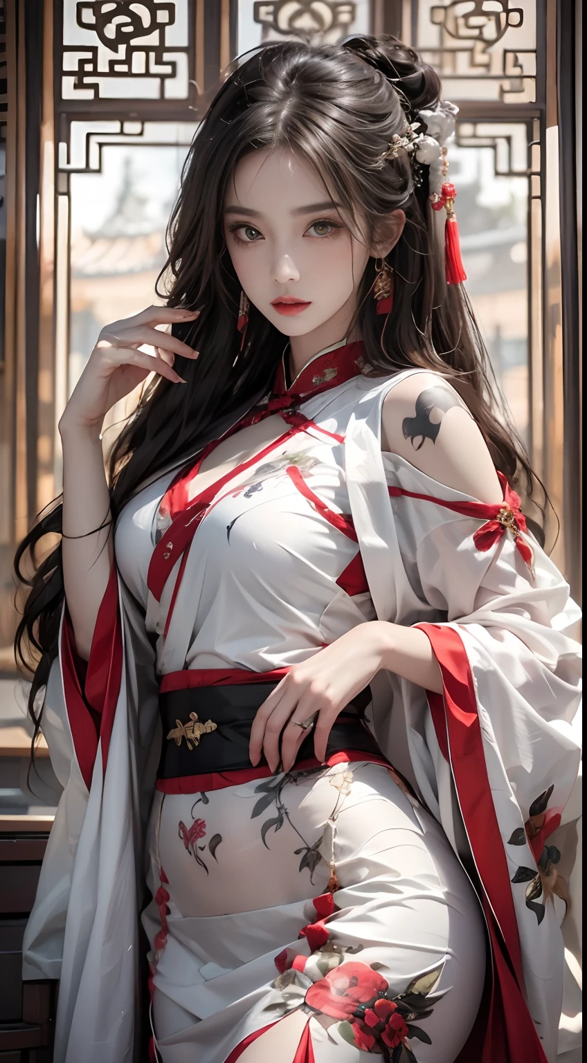 Photorealistic, high resolution, 1 woman, Hips up, Beautiful eyes, Long hair, ringed eyes, jewelry, tattoo, Hanfu, Chinese fairy, Taoist uniform