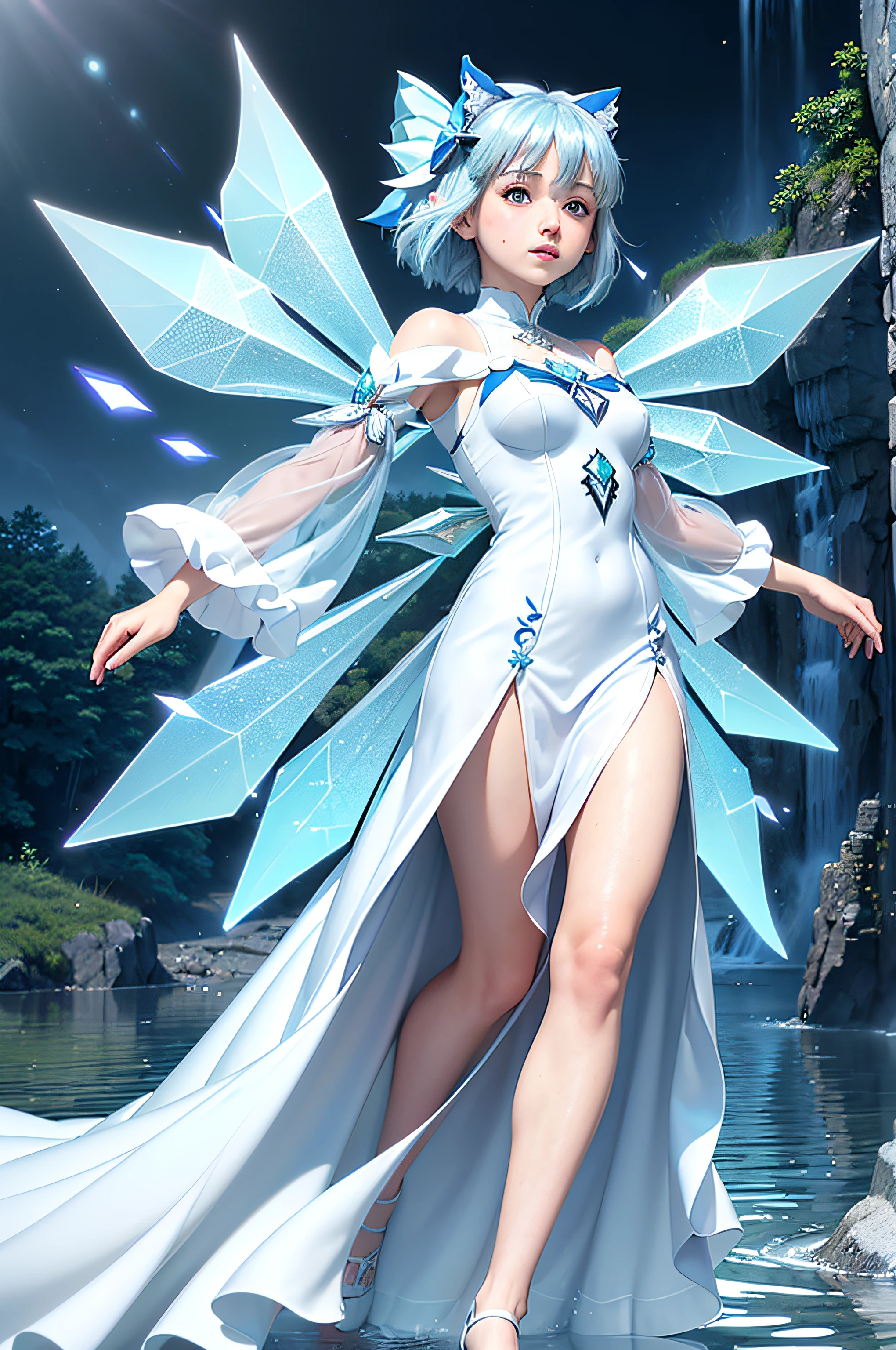 (Masterpiece, Top Quality, Best, Official Art, Beautiful and Aesthetic, Long Exposure: 1.2), Smooth Movement, Charming Patterns, 1 Girl, (((Cirno))), (Long Dress with Sleeves: 1.3), ((White and Blue Clothes)), upper body close-up, bare shoulders, blush, black lob hair, portrait, solo, upper body, looking at the observer, detailed background, detailed face, (crystallineAI, crystalline theme:1.1), elemental water elf, rotation foliage, control foliage, saphire clothing, dynamic pose, floating particles, ethereal dynamics, foliage, vapor, ice in the background, blue tint, lake, ethereal atmosphere