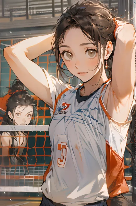 Volleyball player.Red sleeveless volleyball uniform.(Armsleeves).Underarms.Forehead.pony tails. gymnasium.Dark brown hair.indoor