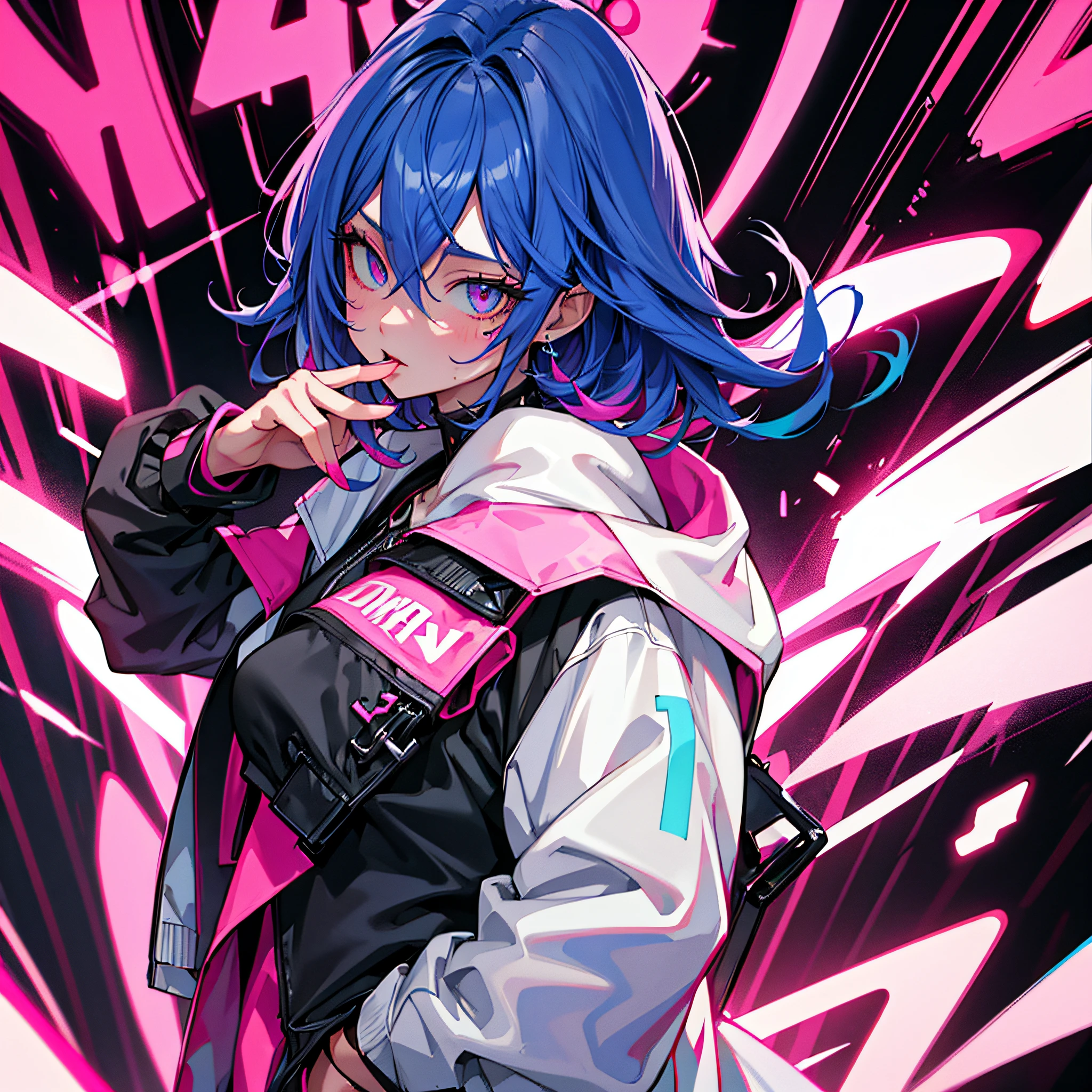 Anime girl with blue hair and pink jacket posing for a picture - SeaArt AI