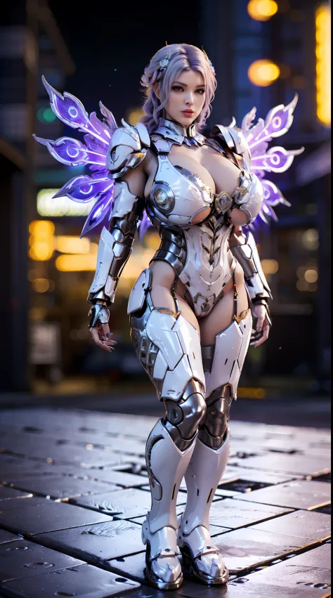 HUGE BOOBS, (DRAGON HEAD), (WHITE, BLACK, SILVER), MECHA DRAGON ARMOR, FUTURISTIC LATEX SUIT, (CLEAVAGE), ((A PAIR LARGEST PEACOCK WINGS)), (TALL LEGS), (STANDING), SEXY BODY, MUSCLE ABS, UHD, 8K, 1080P.