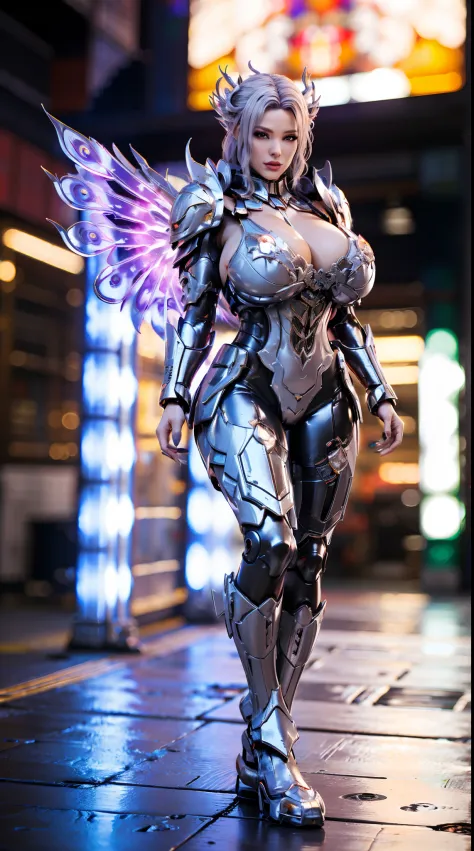 HUGE BOOBS, (DRAGON HEAD), (WHITE, BLACK, SILVER), MECHA DRAGON ARMOR, FUTURISTIC LATEX SUIT, (CLEAVAGE), ((A PAIR LARGEST PEACOCK WINGS)), (TALL LEGS), (STANDING), SEXY BODY, MUSCLE ABS, UHD, 8K, 1080P.