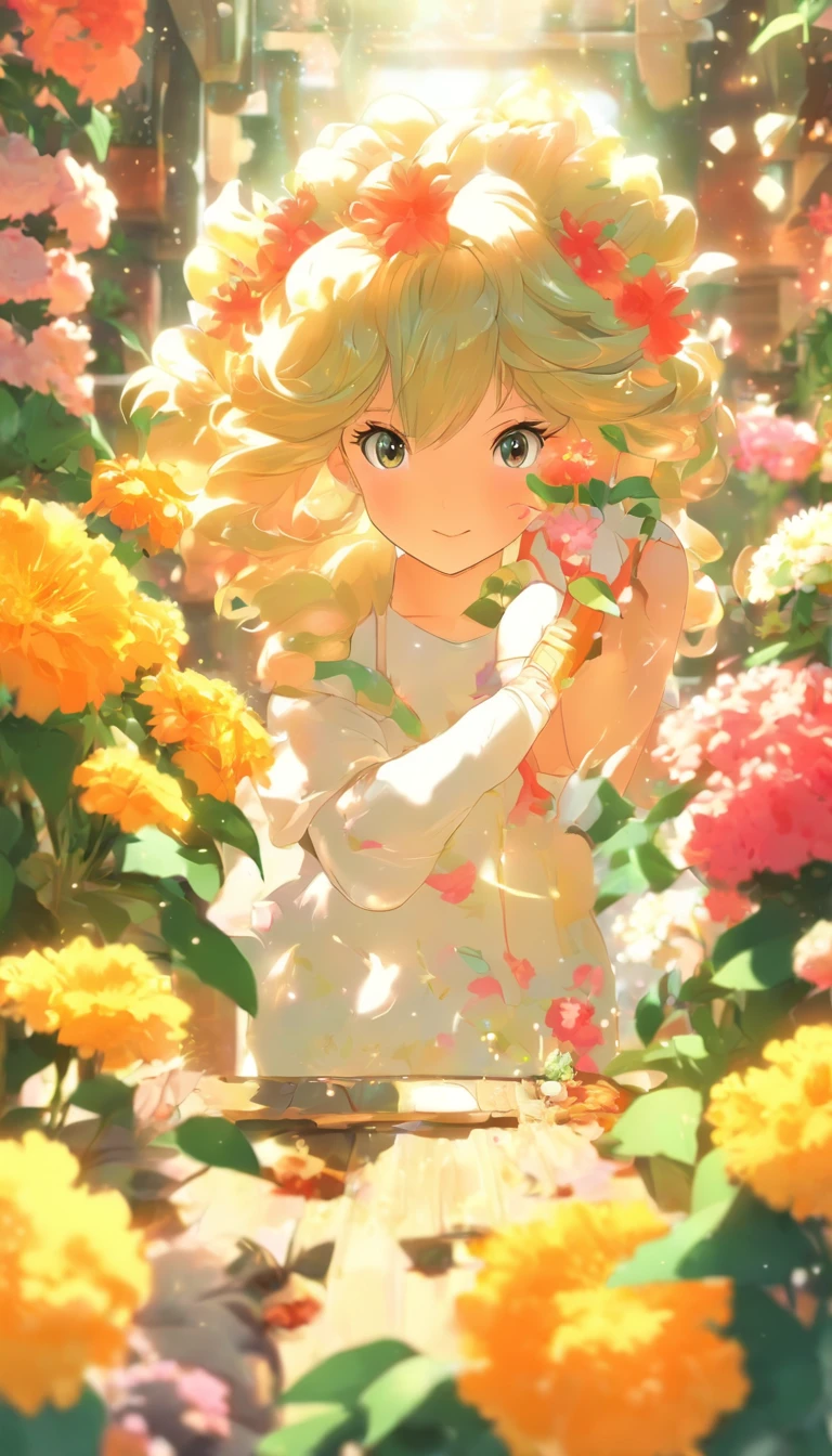 A talented florist girl in a florist trims a huge flower in a florist wearing white gloves with scissors，Japanese manga style，Her long hair is pale yellow，Wear an apron，A room full of potted flowers and plants，Falling petals，Troublesome kittens，Japanese healing system