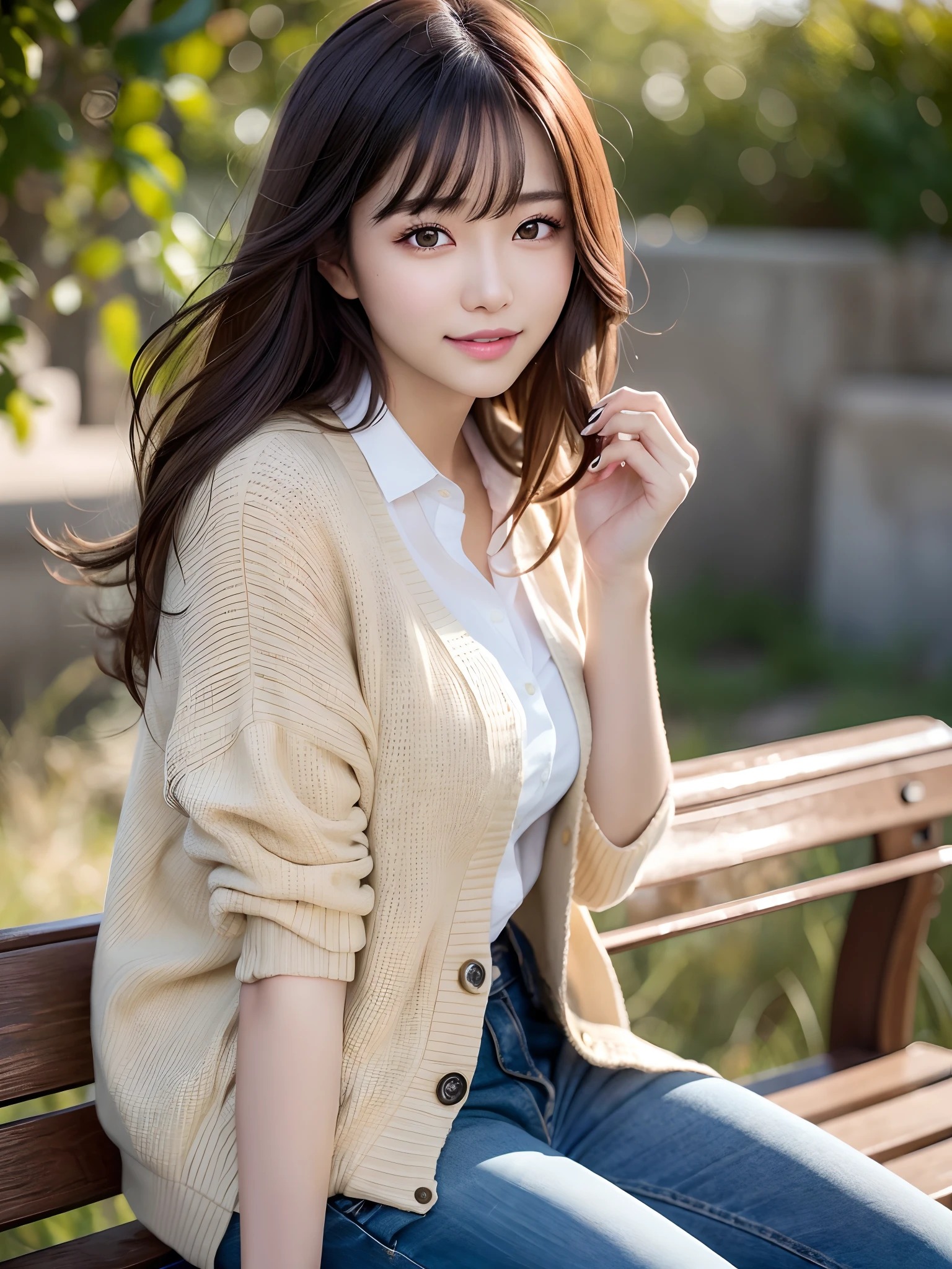 product quality, 1 girl, cowboy shot, front view, a Japanese young pretty girl, long bob hair, wearing a marriage ring, sitting with a big smile on a bench by the sea, wearing a long length light yellow cardigan over a satin silk white shirt with collared, wearing light brown long jeans, a canned coffee in her hand, hyper cute face, glossy lips, double eyelids for both eyes, natural makeup, shiny smooth light brown hair of long bob hair, asymmetrical bangs, tanned skin, high resolution, high detail, detailed hairstyle, detailed face, cinematic lighting, octane rendering, hyper realistic, perfect limbs, perfect anatomy