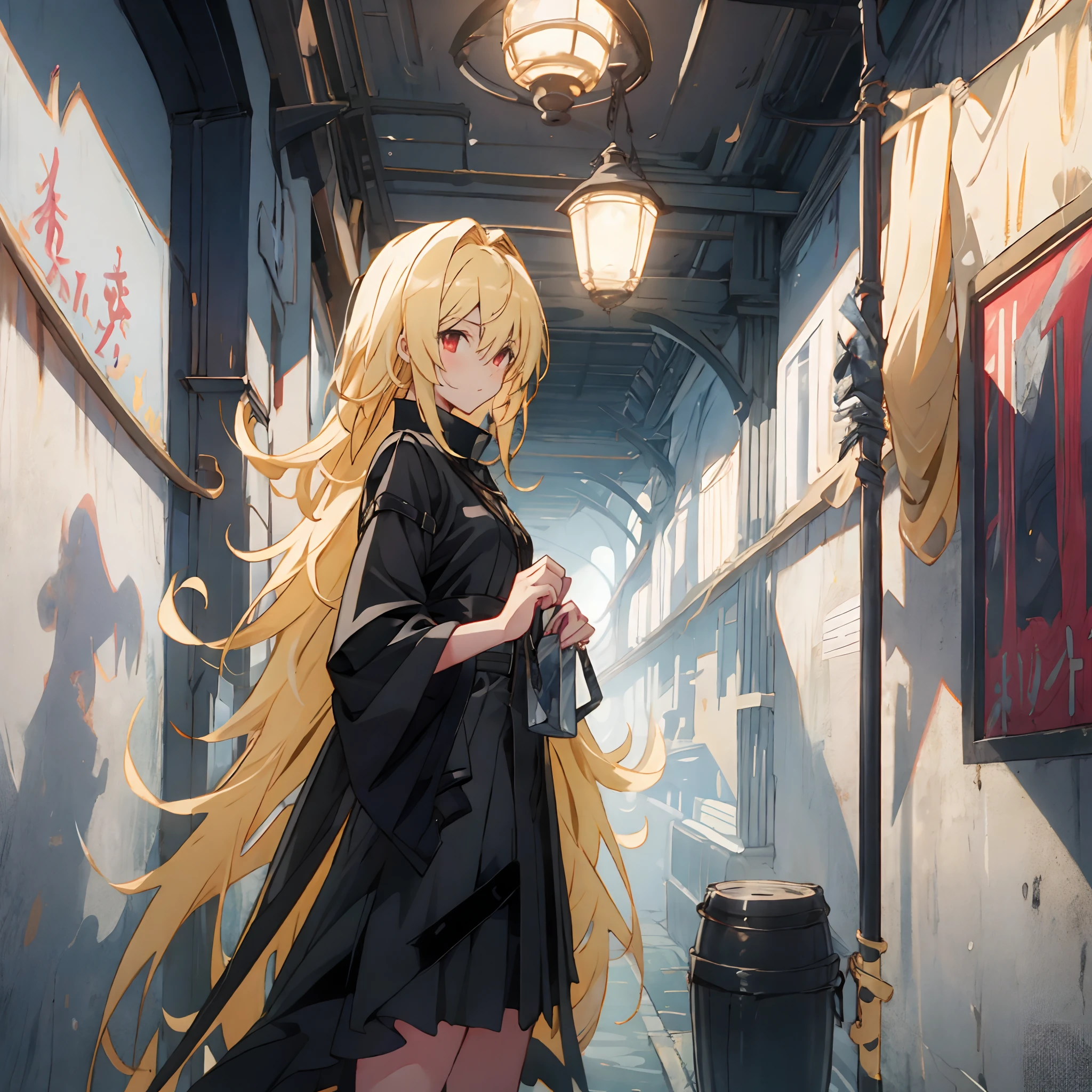 Yami the Golden Darkness porte une tenue de combat noire brillante, les mains dans les poches, regarder une autre personne, longs cheveux jaunes en désordre, jolis yeux rouges, Résolution 8k, très détaillé, Anatomiquement correct, peinture numérique, art conceptuel, À la manière de Shinkai Makoto, image claire, Ville, 1fille