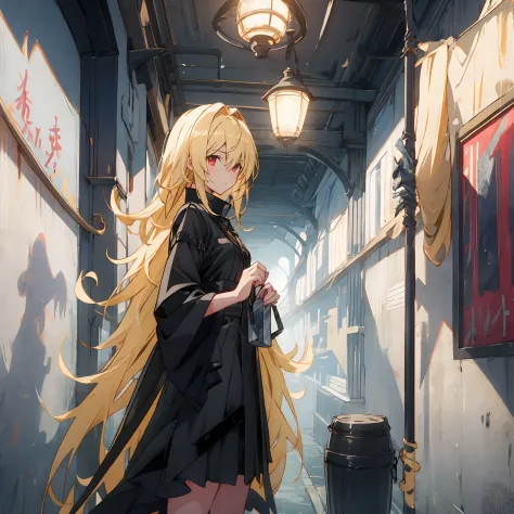 Yami the Golden Darkness wearing gloss black battle dress, hands in pockets, staring at another person, messy long yellow hair, ...