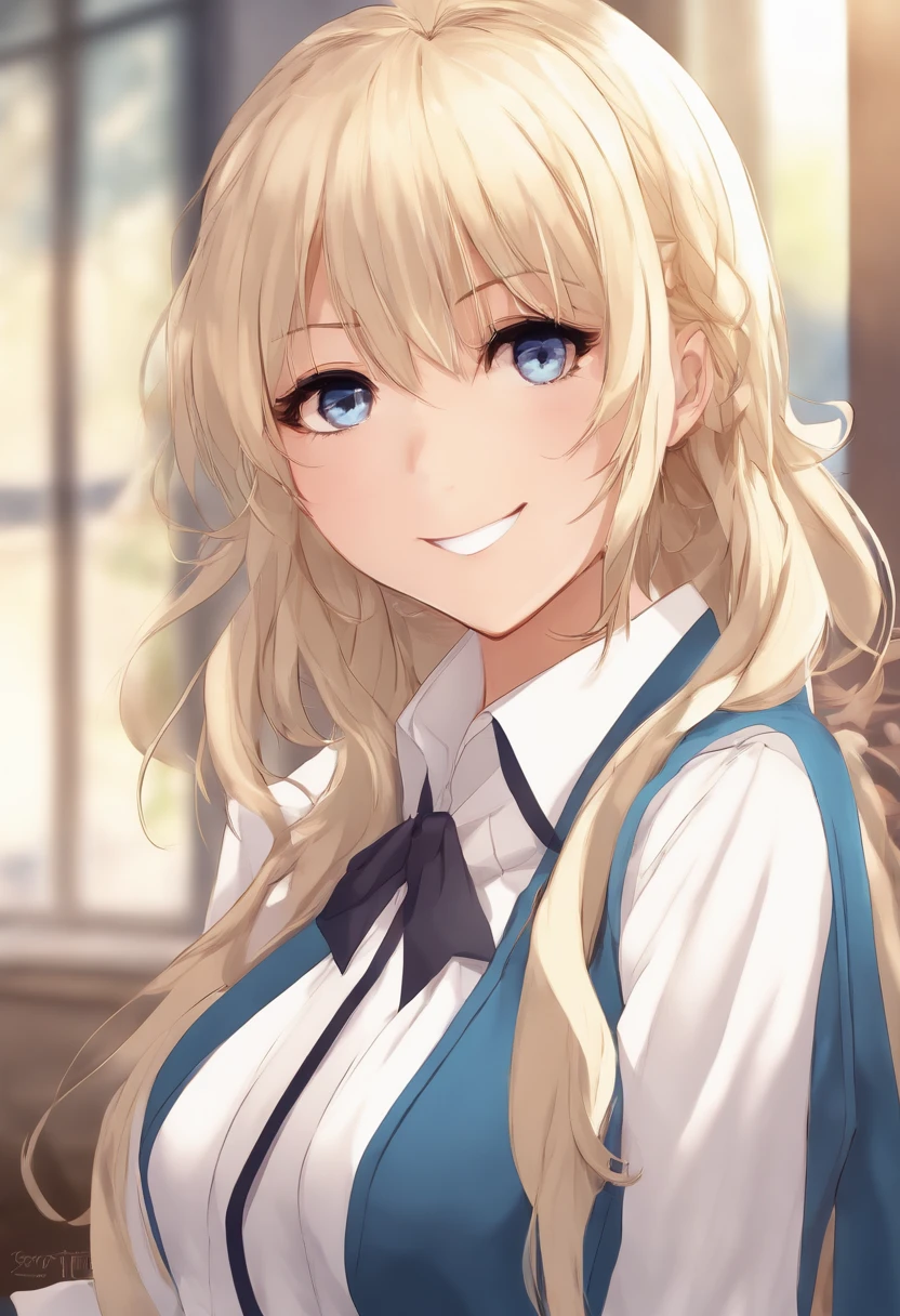 A woman with long blonde hair and blue eyes wearing a school uniform -  SeaArt AI