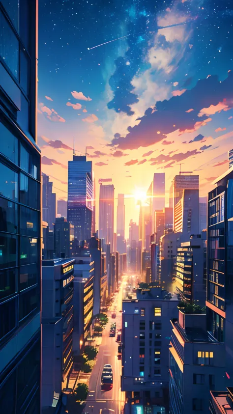 A cityscape under a early morning sky, stars, sun rising