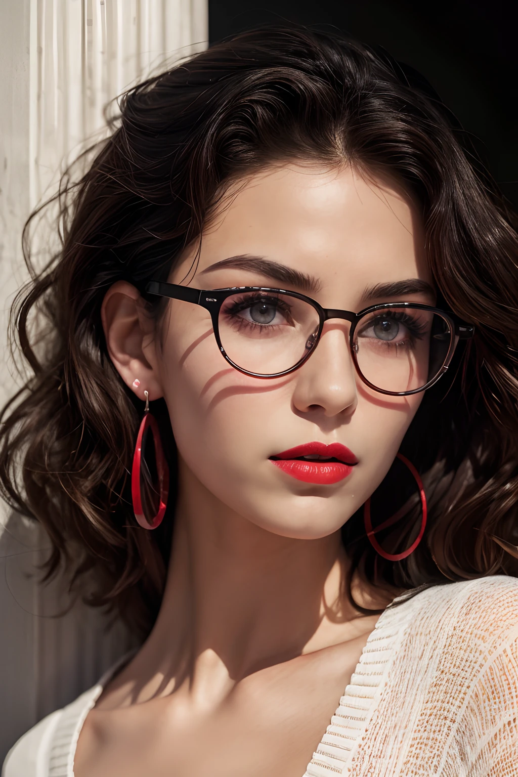 cheveux légèrement bouclés, Lunettes sans monture, petites taches sous les commissures de la bouche, / Faites attention aux boucles d’oreilles lilas, bouche légèrement fermée, lèvres rouges, Surréalisme, Détails élevés, clair-obscur fort, grains de film, le panorama, très haute résolution, précis, peau texturée.