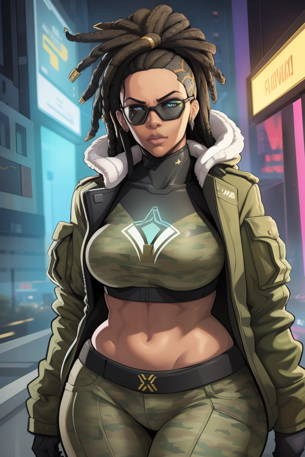 súper alta resolución, mejor calidad, (ilustración: 1.2), iluminación cinematográfica, Mujer afroamericana muy alta de 23 años que viste ropa de camuflaje militar y forma parte de un equipo llamado Crows., Además, lleva gafas de sol de espejo y también tiene rastas en el pelo. (Ciberpunk 2020)